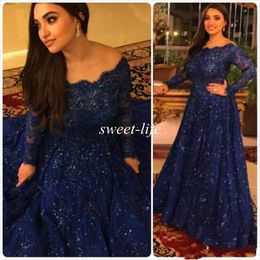 Sparkly Vintage Evening Dresses Cheap Long Sleeves Beads Crystals Ruffled Sweep Train Plus Size Arabic Navy Blue Lace Formal Prom Gowns