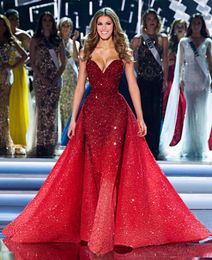 Red Sweetheart Mermaid Evening Dresses With Detachable Train Full Beads Sequins Prom Dress Luxury Dubai Arabic Formal Gown Party Evening
