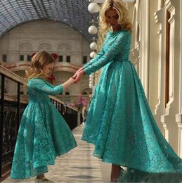 Modest 2017 Lace Hunter Long Sleeve High Low Mother And Daughter Matching Prom Dresses Cheap Two Dresses Party Evening Custom Made EN111616