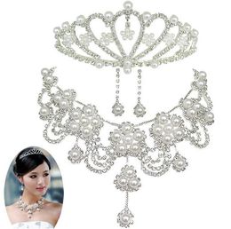Brud smycken sätter bröllop tillbehör kedja krona tre kostymer bröllop tiara brud halsband set halsband vackra hårtillbehör ht020