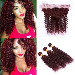 Deep Wave 99j Hair Bundles with Lace Frontal Closure Brazilian Virgin Burgundy Deep Curly Human Hair Weaves with Wine Red Lace Frontal