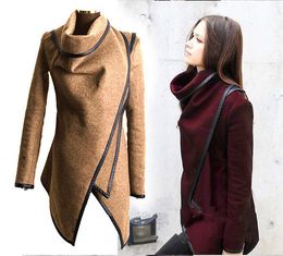 Wholesale-Europe's plus size fashion women popular wool coat jacket long designing irregular hem spliced leather turtleneck casual coat