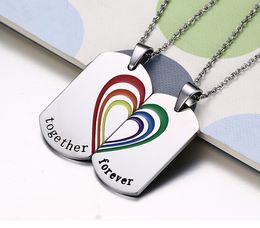 Brand New Romantic One Pair Couple Lover's Gifts Colourful Dog Tag Pendant Necklace Silver Stainless steel together Heart forever