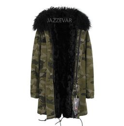 Women warm coats Jazzevar brand Black lamb fur liner Camouflage shell long jackets snow winter parka with fur trim hoody