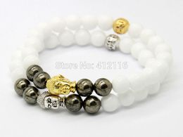 2015 Hot Sale Jewelry Wholesale White Stone beads with Copper Ore Stone beads Silver and Gold Buddha Yoga Bracelets, Mens Gift