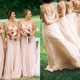 long dresses for wedding guest cheap UK - Stunning 2017 Pink Chiffon Beaded Cold Shoulder Bridesmaid Dresses Long Cheap Beading Sash Ruched Wedding Guest Gown Custom Made EN10271