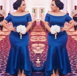 Royal Blue Plus Size Mermaid Bridesmaid Dresses Long 2018 Satin Short Sleeves Maid Of Honor Gown High Low Wedding Guest Party Dress EN112214