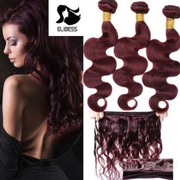 ELIBESS HAIR-Body Wave Burgundy 99J Red Colour 50g/piece 3 Bundles Double Weft Hair Extension