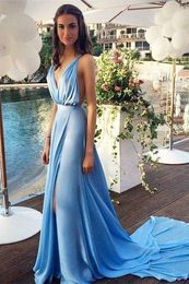 Trend 2016 Blue Split Evening Dresses Chiffon Sexy Backless Prom Dresses with Plunging V Neck Summer Evening Party Gowns Court Train Cheap