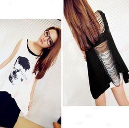 New 2014 Hot Irregular Hollow Tassel Skull Printed Women Tank Tops,Casual Women Pullovers,Summer Women Clothing