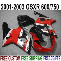 Free customize bodywork set for SUZUKI GSXR600 GSXR750 2001 2002 2003 K1 black red silver fairings GSXR 600 750 01-03 fairing kit RA49