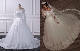 2018 Vintage Off the shoulder Lace Wedding Dress Cheap With Illusion Long Sleeve A line Tulle Beaded Corset Back Applique Designer bridal