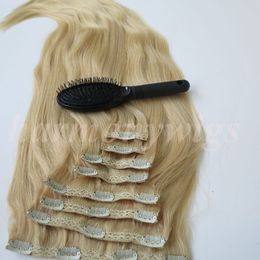 280g 20 22inch 100% Human Hair Clip in Hair Extensions Smooth Brazilian Hair 613#/Bleach Blonde Straight Hair 8pcs/set free comb72HF