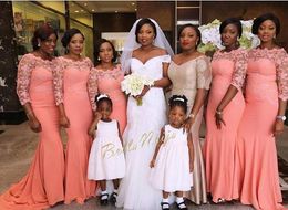 Plus Size Aso Ebi Styles Mermaid Lace Bridesmaid Dresses African Nigerian Long Sleeve Wedding Party Dresses Prom Gowns Maid of Honour Cheap