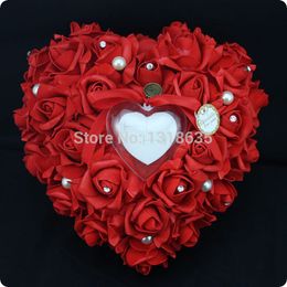 Wholesale-Indian Red flower made pillow for wedding ring cushion heart shape pe real touch flowers