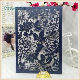 laser cuts paper UK - 50PCS Free shipping Laser Cut Paper Flowers & Leaf Pattern Hollow Out Wedding Business Party Invitation Card with Inner Paper Blank Sheet
