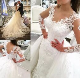 2019 Lace Bridal Dresses Illusion Long Sleeve Wedding Dresses A line Detachable Overskirt Wedding Gowns V Neck Bridal Gown robe de mariage