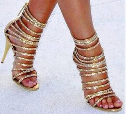 Sexy Gold Crystal Peep Toe Women Sandals Luxury Rhinestone Strappy High Heels Gladiators Sandals Women Nightclub Party Stilettos