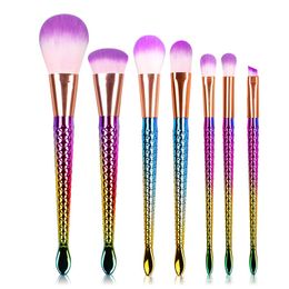 New 7 Pcs Mermaid Makeup Brushes Set Dreamy Fishtail Synthetic Long Brushes Kit Cute Make up Tools