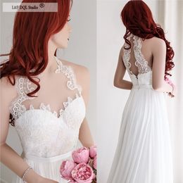 Ivory Chiffon Wedding Dresses Lace Top Halter Sheer Neck Sleeveless Hollow Back Sweep Train Romantic Style Custom Made Plus Size