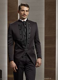 Custom Made Groomsmen Mandarin Lapel Groom Tuxedos Chocolate Men Suits Wedding/Prom Best Man Blazer ( Jacket+Pants+Vest+Tie ) A51