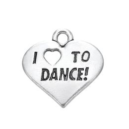 Free shipping New Fashion Easy to diy 20Pcs Engraved Letter I Love To Dance Heart Charm Jewellery Jewellery making fit for necklace or bracelet