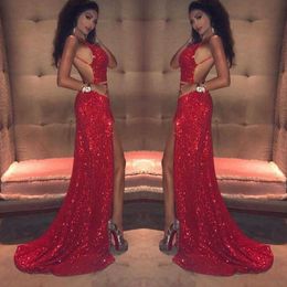 Glittering Red Mermaid Prom Dresses Deep V-Neck Open Backless Zipper Sequined Party Dress Sexy Side-Split Sweep Train Formal Evening Gowns