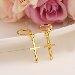 Special Design Christian Vogue Womens True Real 24K Solid Fine Yellow Gold GF Crucifix Cross Timeless Charm Earrings