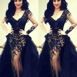 Black Sheer Long Sleeve Evening Dress Custom Made Scoop Mermaid Floor Length Formal Dress Mermaid Lace Prom Party Gowns