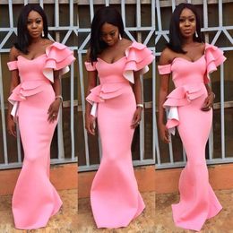 Pink Elegant Evening 2018 Dresses Off Shoulder Mermaid Prom Gowns Back Zipper Peplum Golvlängd Custom Made Vestidos de Noiva