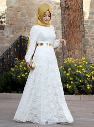 Vestidos festa arabic White Lace Long Evening Dresses Dubai Kaftan Muslim Prom Gowns Full Sleeves Abaya Islamic Dress 2016 New Trend d024