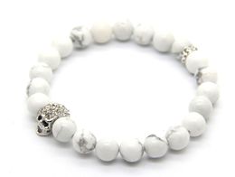 2015 New Design High Grade Jewelry Wholesale 8mm Natural White Howlite Stone Beads Crystal Skull Bracelets, Mens Gift