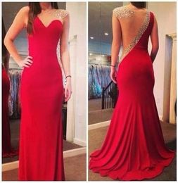 Red A-Line Backless Crystal Beaded Sheer Neck Prom Dresses with Rhinestone Strap Open Back Floor Length Mermaid Party Dresses Pageant Gowns