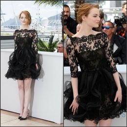 Black Lace Ball Gown Cocktail Dresses Tiered Ruffles Celebrity Red Carpet Dresses Bateau Sheer Long Sleeve Homecoming Party Prom Dresses
