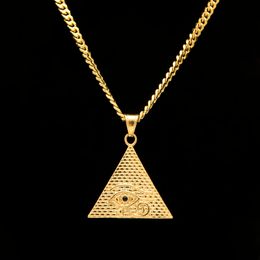 -Joyería Stailess Steel Triangle Forma Antiguo Ojo egipcio Ojo de Horus Collar Colgante Chapado en oro con cadena libre 27 "