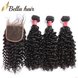 Chiusura dei capelli con fasci di tessitura ricci Extensions Maleysian Human Virgin Hair Weaves Closure 4x4 Extensions per capelli color naturali Bella Capelli