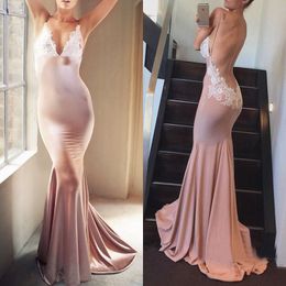 Blush Pink Vestidos De Novia With White Lace Applique Mermaid Prom Gowns Backless Sweep Train Custom Made Evening Dresses Sexy Party Gowns