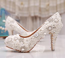 Luxuy Handmade Pearl Crystal Diamond Wedding Shoes White Bridal Dress Shoes Women Platform salto alto 3 Polegadas Glitter Pumps