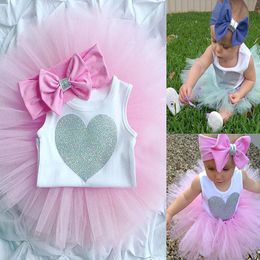 Summer Baby Girls Clothes Set Newborn Infant Heart Shape Romper Jumpsuit Tutu Skirt Bowknot Headband 3pcs Outfit Kids Clothing Set 2 Colours