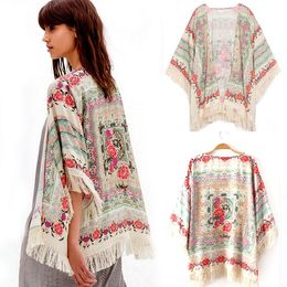 Wholesale- Women Chiffon Kimono Summer Coat lady Floral Loose Tassels Shawl Kimono Cardigan Jacket Cami Girl Printed Loose blouses S/M/L