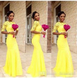 Africa Yellow Bridesmaid Dresses Elegant Fashion Half Sleeves Jewel Neck Mermaid Wedding Party Dresses Appliqued Long Prom Gowns