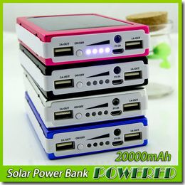 Wholesale -New 20000 mAh Solar Battery Panel external Charger Dual 20000mah solar Charging Ports 5 Colours choose for