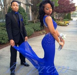 Sexy Open Back Beaded Prom Dresses Long Mermaid Royal Blue Homecoming Graduation Dress Crystal Charming African Girl Semi Formal Part Dress