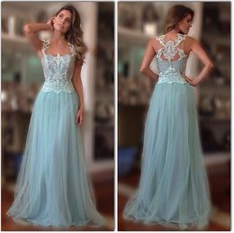 Charming 2017 Light Blue Tulle Sheer Neck Formal Dresses Evening Wear Sexy Illusion Back Covered Lace Applique Beads Evening Gowns EN11282