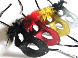 4 Colour choose 19*8.5cm Sexy woman Electroplate Gold powder Feather big flower Flat head mask mysterious dance mask 30pcs/lot