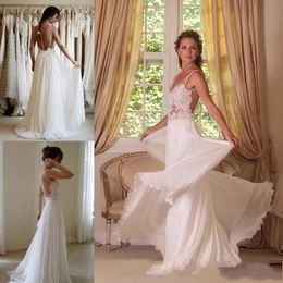 2016 New A Line Wedding Dresses Beach Wedding Dresses Spaghetti Straps Backless A-Line Chapel Train White Chiffon Bridal Gowns