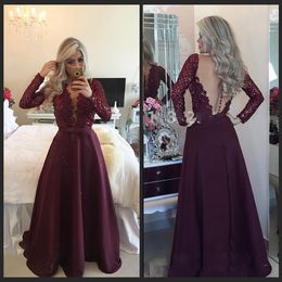 Dazzling V-neck Long Sleeve Prom Dresses 2016 Sexy See Through Back Pearls Beaded Purple Satin And Lace Evening Gowns Formal Dress