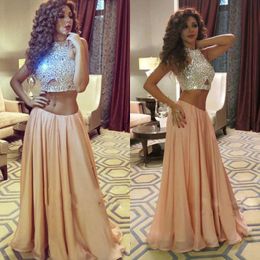 2017 Beaded Crystal Top Peach Chiffon Skirt Two Pieces Prom Dresses Long Bling Bling Ruched Formal Party Gowns Custom Made China EN102610