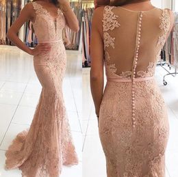 Mermaid Blush Pink Sexy Lace Long Evening Dresses V Neck Beaded Sheer Back Formal Prom Wear Gowns Special Occasion Dresses