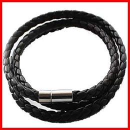 2014 New Fashion Leather Bracelets & Bangles Handmade Knitted Round Rope Turn Buckle Bracelet For Women Men Wholesale Black Long SL018